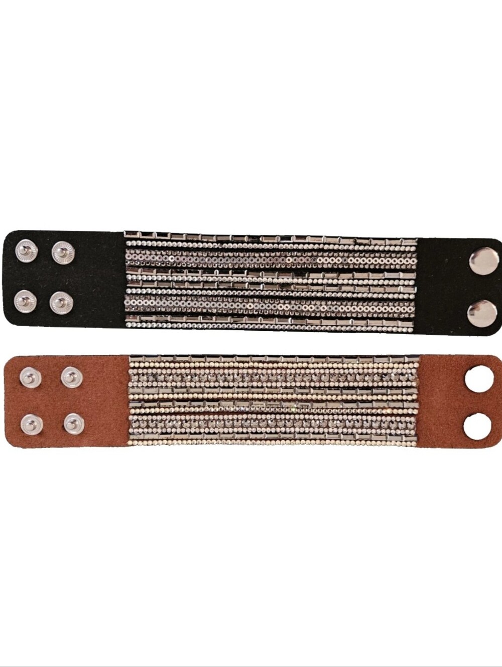 Black & Brown Silver Accents Snap Bracelets - Set of 2